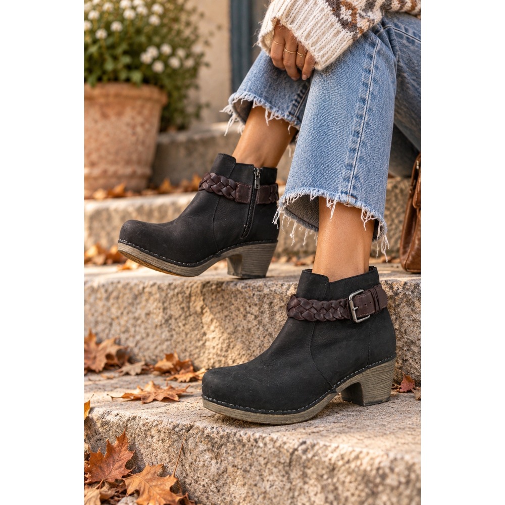 Dansko Tivoli Michelle Black Leather Ankle Boots Braided Buckle Booties 41